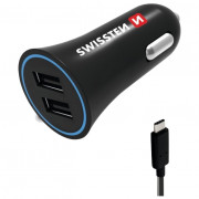 Przejściówka do gniazda samochodowego Swissten Car Charger + USB-C Cable czarny Black