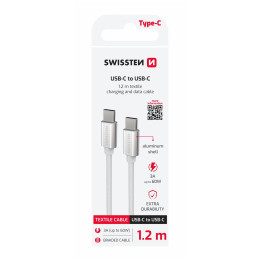 Kabel do ładowania i przesyłania danych Swissten Textile USB-C / USB-C 1,2 m srebrny stříbrná