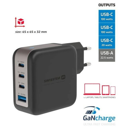 Adapter Swissten GaN Travel Charger 100W 3X USB-C PD + USB-A