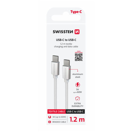 Kabel do ładowania i przesyłania danych Swissten Textile USB-C / USB-C 1,2 m srebrny stříbrná