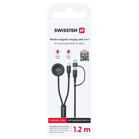 Kabel do ładowania i przesyłania danych Swissten Wireless magnetic charging cable 2in1 for Samsung Watch + USB-C 1,2 m
