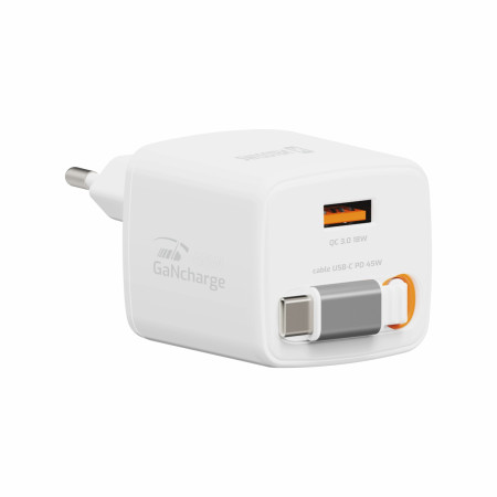 Adapter Swissten SlideCharge Gan 45W, 1X USB-A 18W + kabel USB-C 0,75 m biały bílá