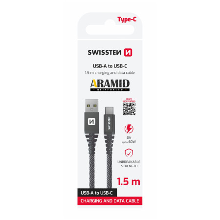 Kabel do ładowania i przesyłania danych Swissten Aramid Reinforced USB/USB-C 1,5 m
