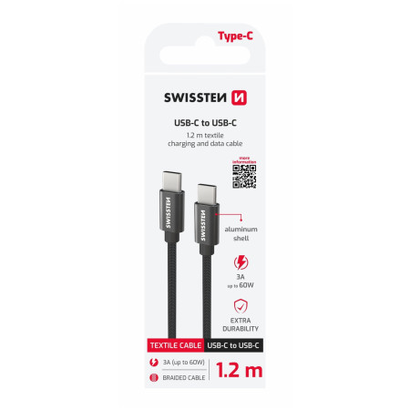 Kabel do ładowania i przesyłania danych Swissten Textile USB-C / USB-C 1,2 m czarny černá