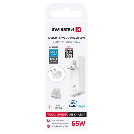 Adapter Swissten World Travel Charger 65W GaN USB-C + USB-A