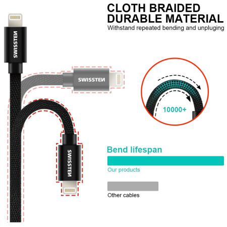 Kabel do ładowania i przesyłania danych Swissten Textile USB-C / Lightning 2 m