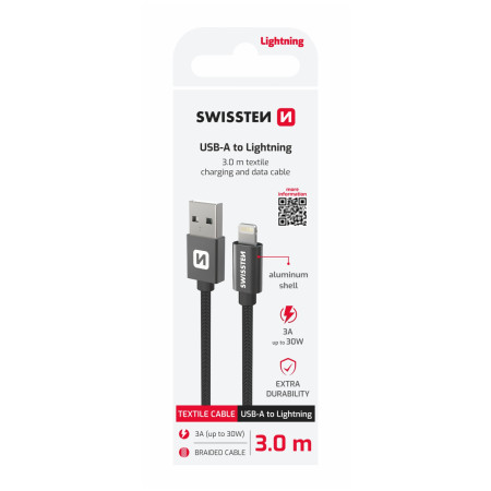 Kabel do ładowania i przesyłania danych Swissten Textile USB / Lightning 3 m czarny černá