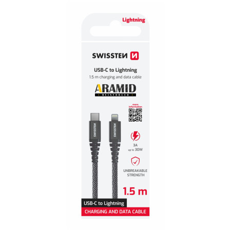 Kabel do ładowania i przesyłania danych Swissten Aramid Reinforced USB-C/Lightning 1,5 m