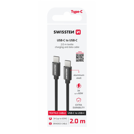 Kabel do ładowania i przesyłania danych Swissten Textile USB-C / USB-C 2 m czarny černá