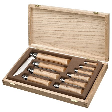 Zestaw noży Opinel Inox Drewniany box z 10 nożami (N°02-12)