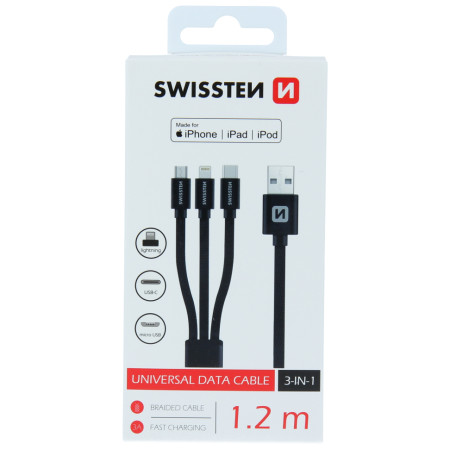 Kabel do ładowania i przesyłania danych Swissten TEXTILE 3in1