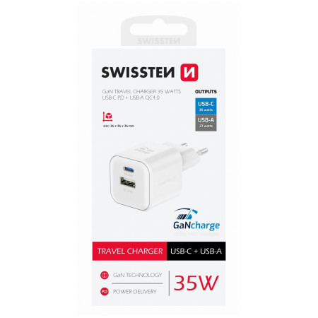 Ładowarka Swissten TRAVEL CHARGER GaN 1x USB-C 35W PD + 1x USB-A 27W QC