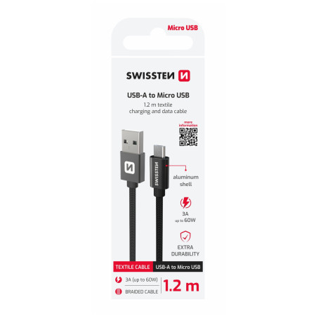 Kabel do ładowania i przesyłania danych Swissten Textile USB / Micro USB 1,2 m czarny černá