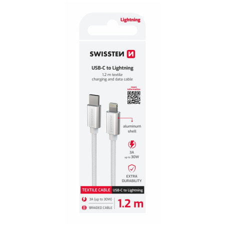 Kabel do ładowania i przesyłania danych Swissten Textile USB-C / Lightning 1,2 m srebrny stříbrná