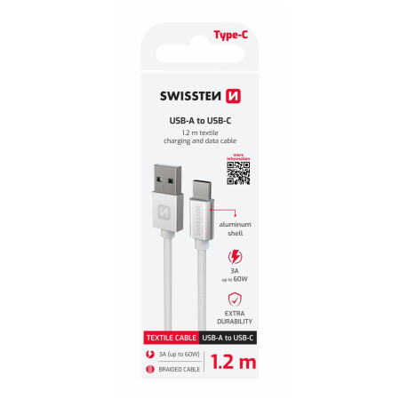 Kabel do ładowania i przesyłania danych Swissten Textile USB / USB-C 1,2 m srebrny stříbrná