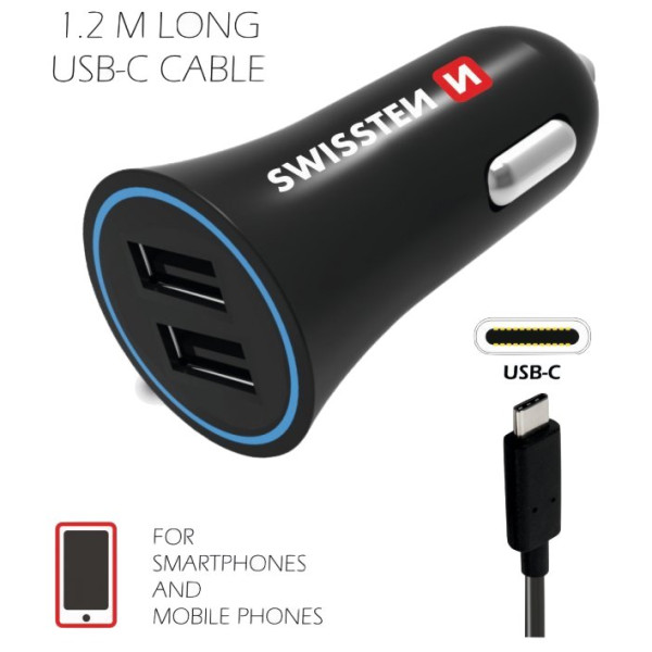 Przejściówka do gniazda samochodowego Swissten Car Charger + USB-C Cable