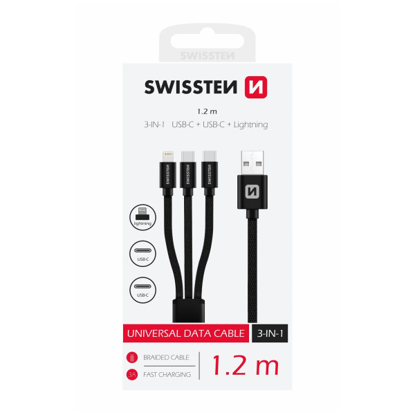 Kabel do ładowania i przesyłania danych Swissten DATA CABLE TEXTILE 3in1 1,2 M BLACK