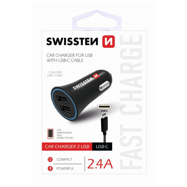 Przejściówka do gniazda samochodowego Swissten Car Charger + USB-C Cable